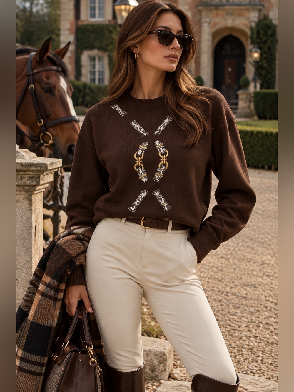 Brown Prizzi Equestrian Print Sweater NWT  | Made in Italy| Women's size M